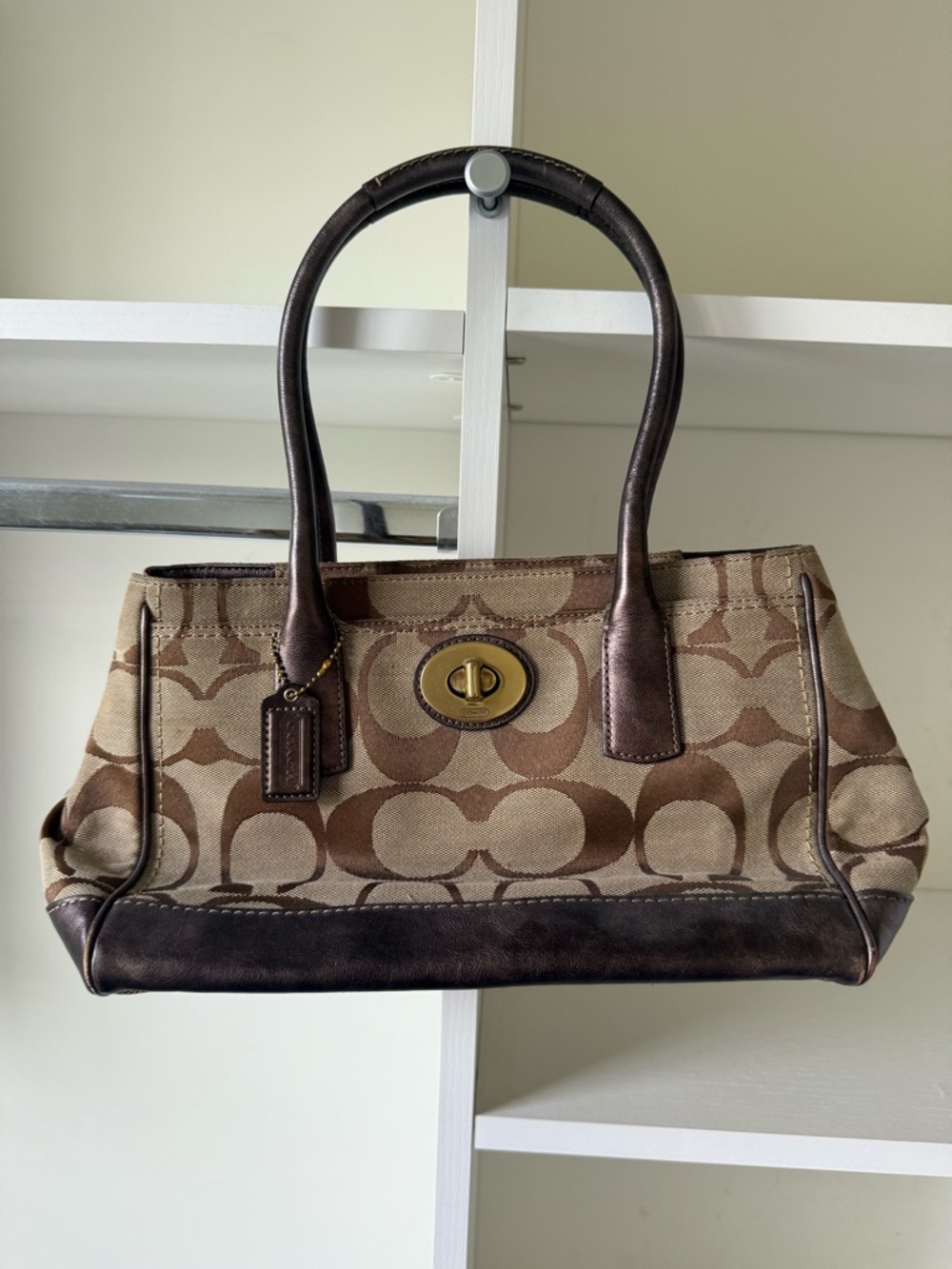 Coach Brown Signature Canvas Shoulder Bag with Dark Brown Leather Trim